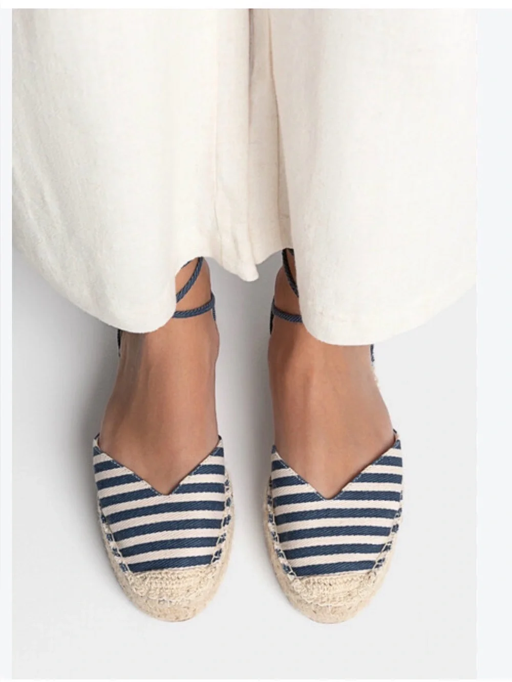 Stradivarius Navy and White Striped Espadrilles with Ankle Tie. Size EU37/US6.5